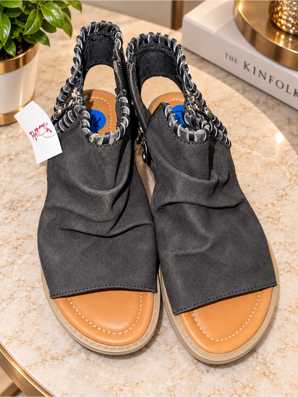 Blowfish Malibu black sandals with gray & white braided straps